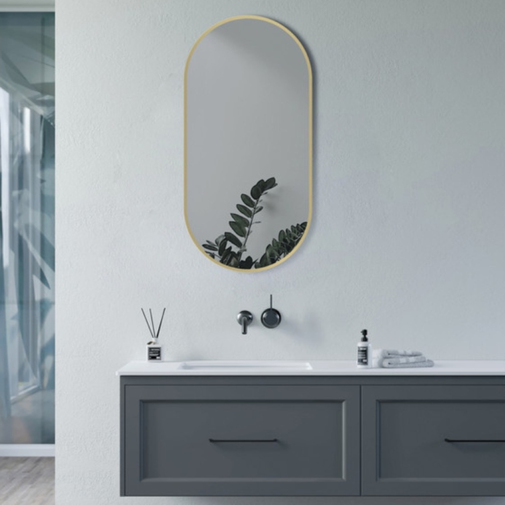 Product Lifestyle image of the Apex Brushed Brass 400mm x 800mm Oblong Mirror